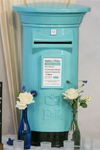 Pale blue and black wedding post box hire